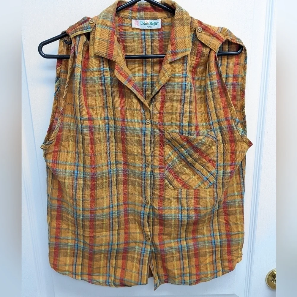 Didier Hagler vintage Madras plaid sleeveless button down shirt size 42 - Picture 4 of 11